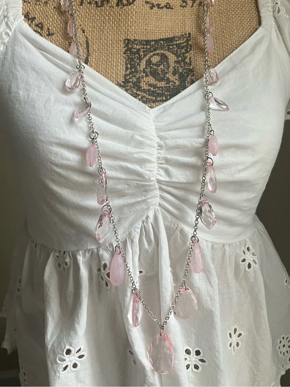 💕Long pink clear rhinestone necklace